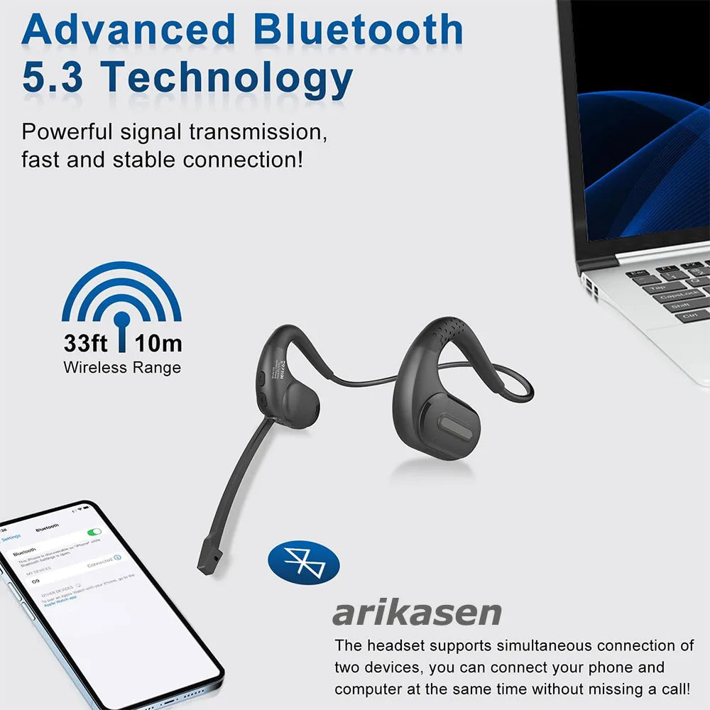 Wireless Bluetooth Headsets with Microphone Detachable Mute Button Open Ear Headphones for Cell Phones