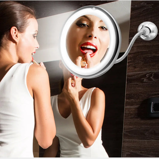 Flexible Gooseneck 10x Magnifying LED Lighted Makeup Mirror For Bathroom